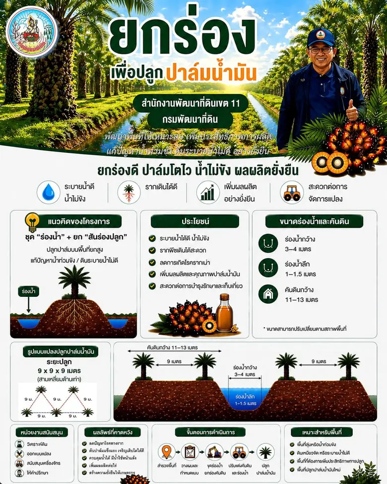 กรมพัฒนาที่ดิน แนะปลูกปาล์มให้ปัง! ด้วยเทคนิค "ยกร่อง" ช่วยระบายน้ำ เพิ่มผลผลิตยั่งยืน