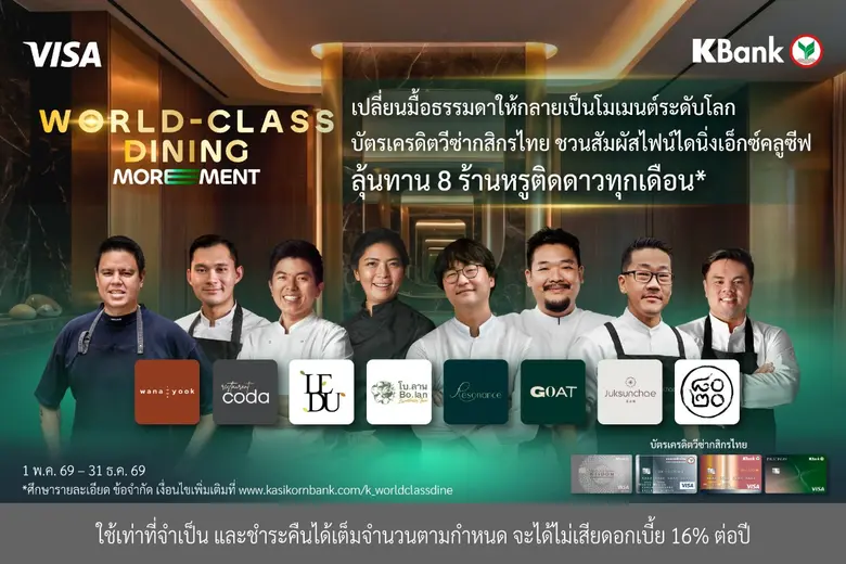 เปลี่ยนมื้อธรรมดาให้กลายเป็นโมเมนต์ระดับโลก กสิกรไทยจับมือวีซ่า ชวนสัมผัสไฟน์ไดนิ่งเอ็กซ์คลูซีฟ กับ "World-Class Dining MOREMENT*"