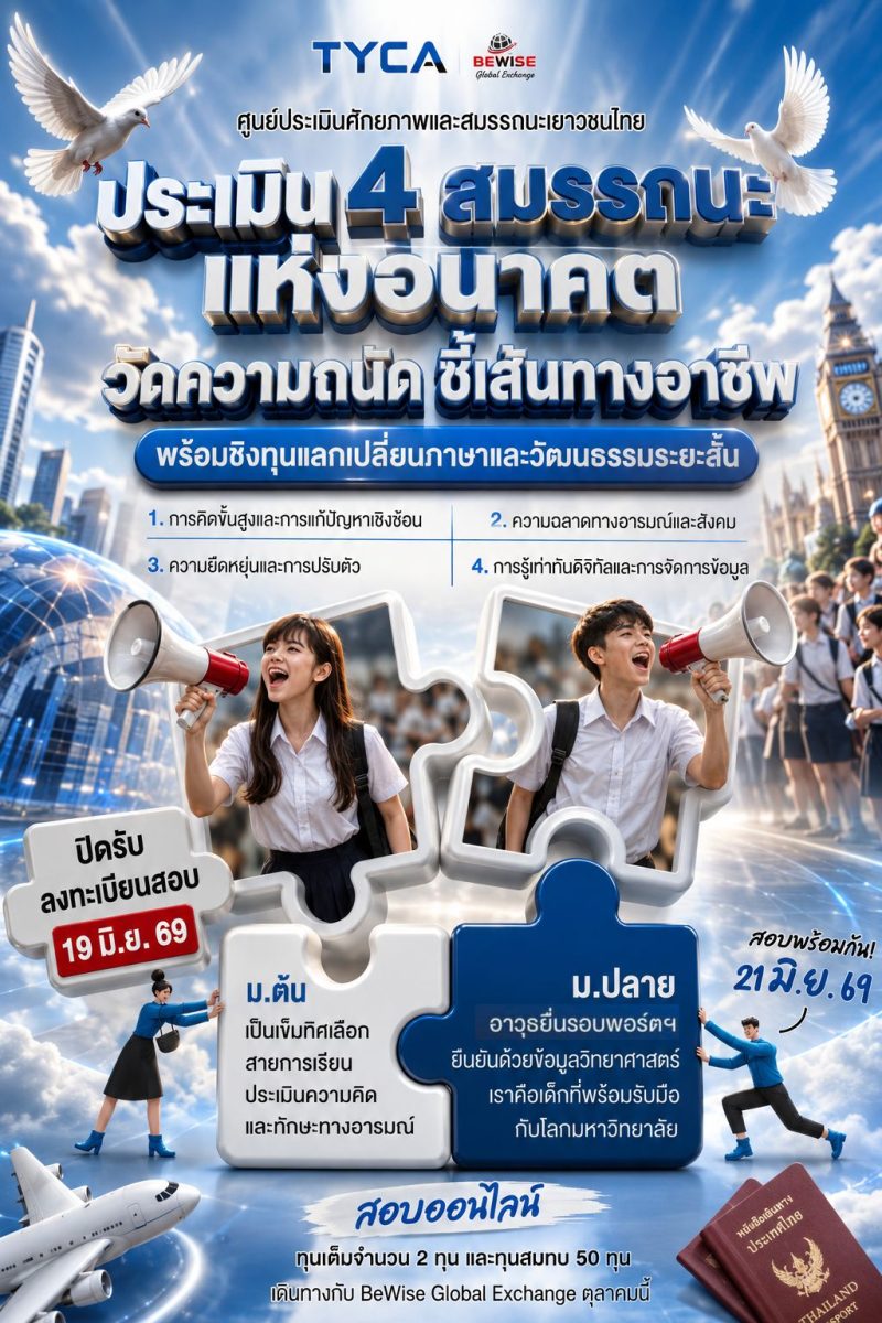 สอบประเมิน 4 สมรรถนะแห่งอนาคต วัดความถนัด เพื่อเตรียมตัวได้อย่างมีทิศทาง พร้อมชิงทุนแลกเปลี่ยนภาษาและวัฒนธรรมระยะสั้น 3-4 สัปดาห์?