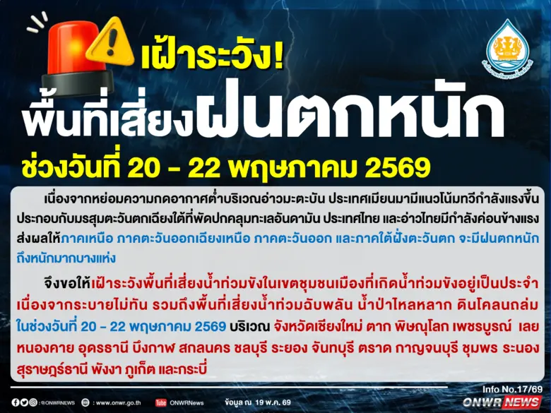 เฝ้าระวัง! พื้นที่เสี่ยงฝนตกหนัก ช่วงวันที่ 20 - 22 พฤษภาคม 2569