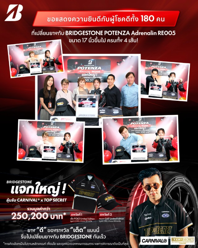 Bridgestone Announces 180 Lucky Winners from the "Big Giveaway! Win Exclusive CARNIVAL(R) x TOP SECRET" Campaign