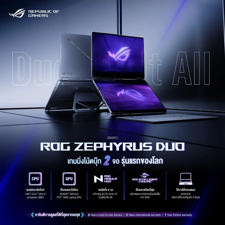 ROG พร้อมวางจำหน่าย ROG Zephyrus Series รุ่นปี 2026 ในไทย นำโดย ROG Zephyrus DUO เกมมิ่งโน้ตบุ๊ก 2 หน้าจอเครื่องแรกของโลก และ ROG Zephyrus G16 เกมมิ่งโน้ตบุ๊กบางเบาที่แรงเหนือกว่าใคร
