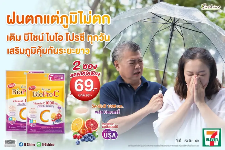 การ์ดอย่าตก! เข้าหน้าฝนแถมโควิดระบาดรอบใหม่ ฟิตสุขภาพด้วย "ไบโอ โปร ซี วิตามินซี 1000 มก." สูตรอ่อนโยน ดูดซึมดี พลัสบิลเบอร์รี่ ดูแลสายตา ผิวพรรณ จัดโปรลดสุดคุ้ม 2 ซอง เพียง 69 บาท