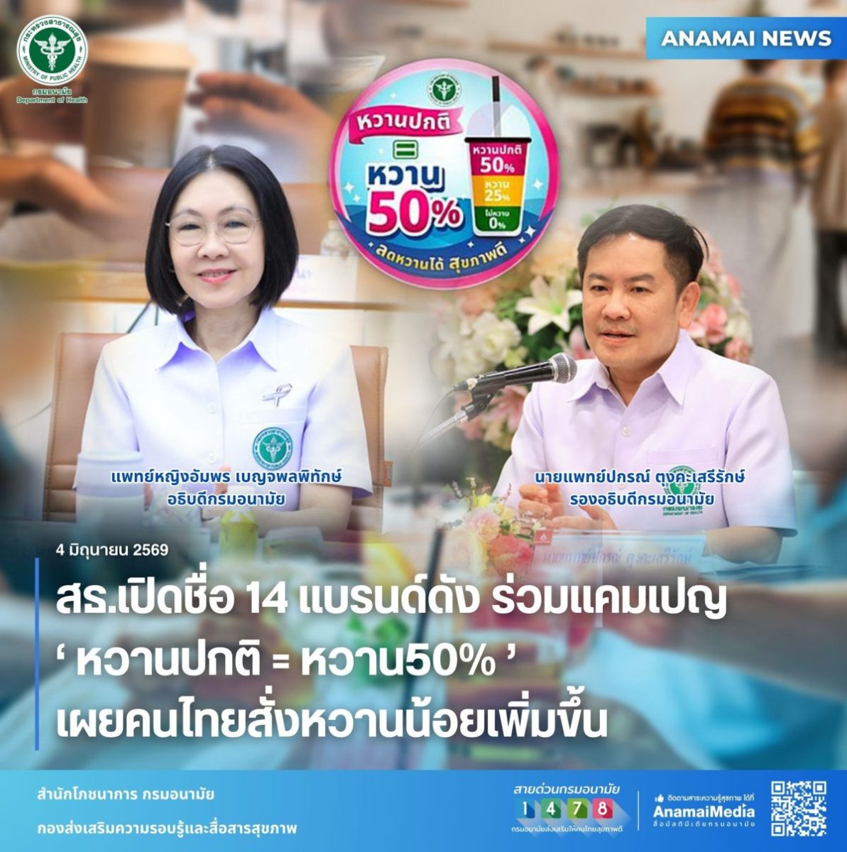 สธ. เปิดชื่อ 14 แบรนด์ดัง ร่วมแคมเปญ 'หวานปกติ = หวาน50%' เผยคนไทยสั่งหวานน้อยเพิ่มขึ้น