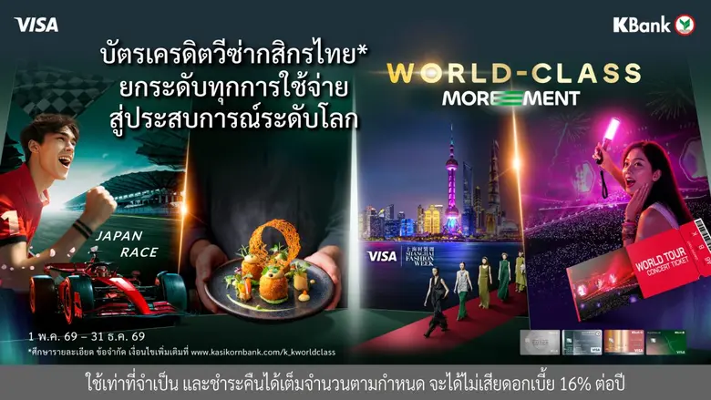 บัตรเครดิตวีซ่ากสิกรไทย ต่อยอดความสำเร็จสู่ปีที่ 2 ของ "World-Class MOREMENT*" ยกระดับทุกการใช้จ่ายสู่ประสบการณ์ระดับโลก ให้คุณค่ากับประสบการณ์ที่มีความหมายในทุกโมเมนต์