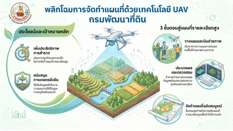 กรมพัฒนาที่ดิน การจัดทำแผนที่ ด้วยเทคโนโลยี UAV ยกระดับข้อมูลสู่ความแม่นยำ