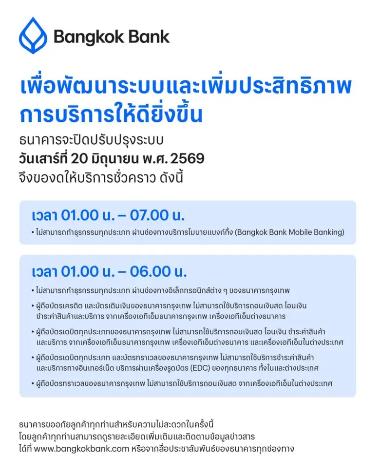 ธนาคารกรุงเทพ แจ้งปิดปรับปรุงระบบชั่วคราว ยกระดับความมั่นคงและเพิ่มประสิทธิภาพการให้บริการลูกค้า
