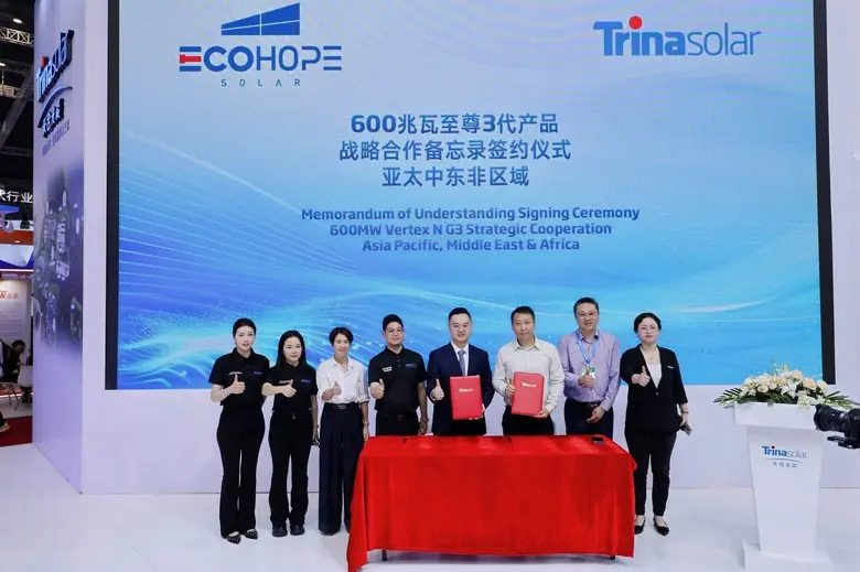 Trinasolar and Ecohope Solar Sign 600MW MoU to Distribute Latest Vertex G3 Modules Across Southeast Asia, the Middle East and Africa
