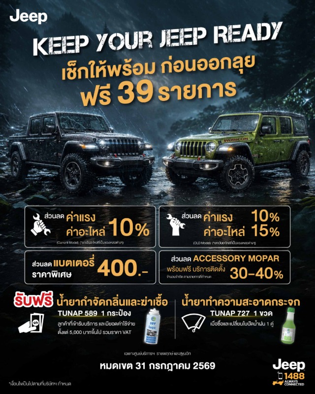 เปอโยต์-จี๊ป ไลอ้อน ออโตโมบิล เพิ่มความอุ่นใจในช่วงฤดูฝน เชิญชวนลูกค้านำรถเข้าเช็กสภาพฟรี! 39 รายการ รับส่วนลดพิเศษ ค่าแรง-อะไหล่ พร้อมของสมนาคุณเพียบ ถึง 31 กรกฎาคมนี้