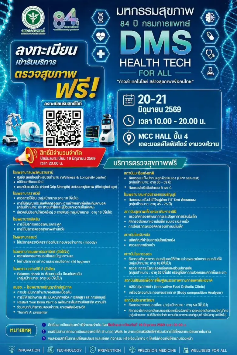 เชิญร่วมงานมหกรรมสุขภาพ 84ปี กรมการแพทย์ "DMS Health Tech for All" ก้าวล้ำเทคโนโลยี สร้างสุขภาพดีเพื่อคนไทย