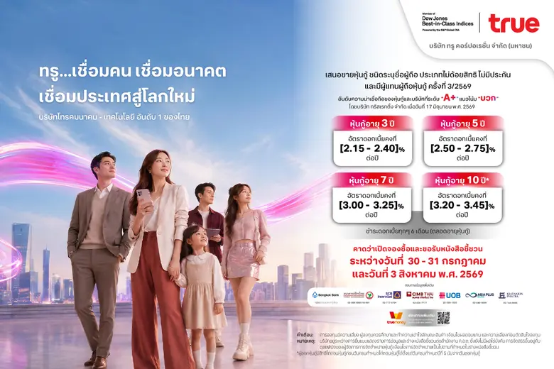 ทรู เตรียมเสนอขายหุ้นกู้ใหม่ เรทติ้ง A+ แนวโน้มบวก ชูดอกเบี้ยคงที่ [2.15 - 3.45] % ต่อปี ตอกย้ำฐานะการเงินแข็งแกร่ง พร้อมรองรับการเติบโตระยะยาว