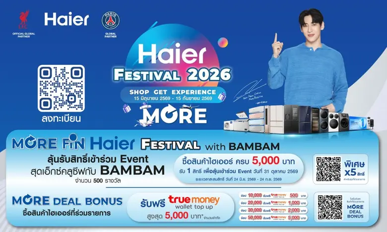 ไฮเออร์ เปิดเทศกาลช้อปแห่งปี "Haier Festival 2026" ช้อปคุ้ม ลุ้นเจอ "แบมแบม" และโบนัส TrueMoney Wallet สูงสุด 5,000 บาท