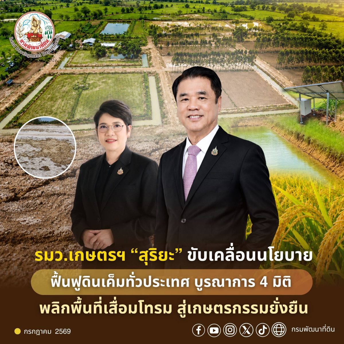 กรมพัฒนาที่ดิน ขับเคลื่อนนโยบายฟื้นฟูดินเค็ม บูรณาการ 4 มิติพลิกพื้นที่เสื่อมโทรม สู่เกษตรกรรมยั่งยืน