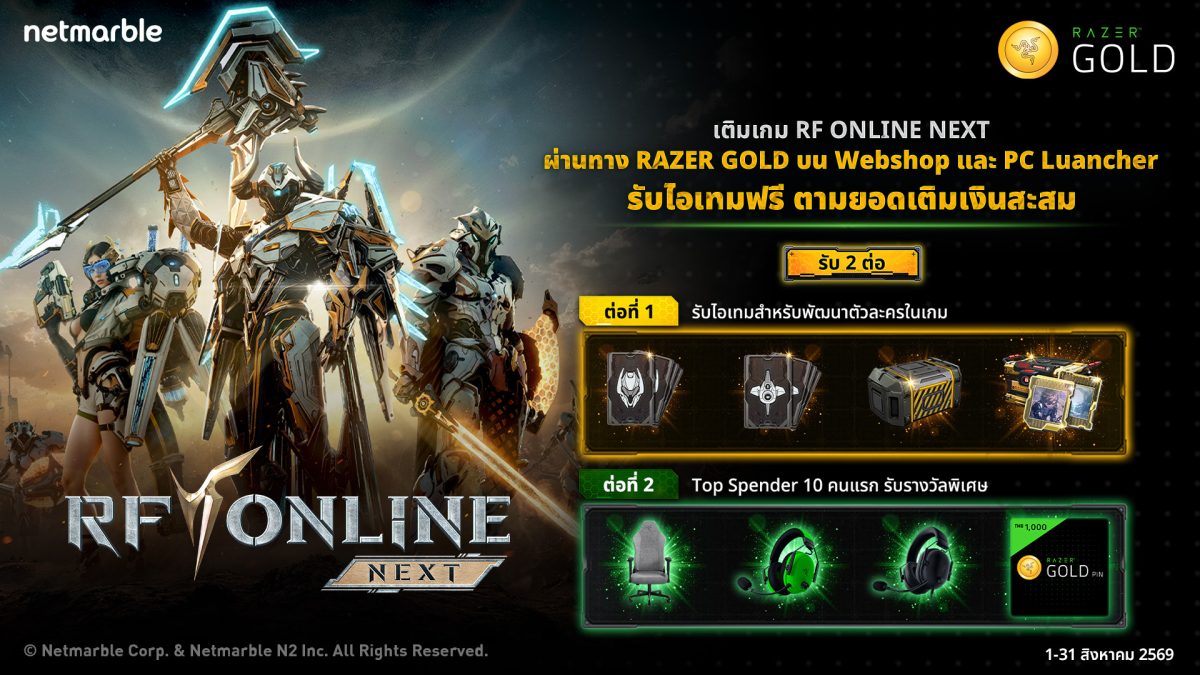 เติมเกม RF ONLINE NEXT ผ่าน Razer Gold รับไอเทมสุดคุ้มตามยอดเติมสะสม พร้อมสิทธิ์ลุ้นรับรางวัลพิเศษ !