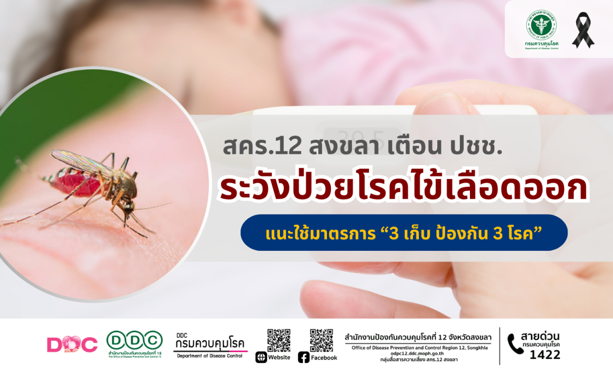 สคร.12 สงขลา เตือน ปชช. ระวังป่วยโรคไข้เลือดออก แนะใช้มาตรการ "3 เก็บ ป้องกัน 3 โรค"