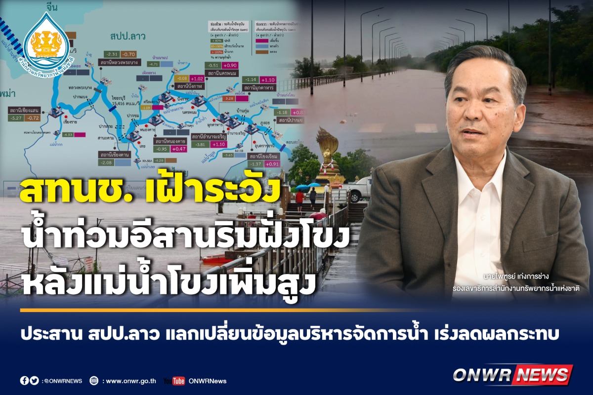 สทนช. เฝ้าระวังน้ำท่วมอีสานริมฝั่งโขง หลังแม่น้ำโขงเพิ่มสูง ประสาน สปป.ลาว แลกเปลี่ยนข้อมูลบริหารจัดการน้ำ เร่งลดผลกระทบ