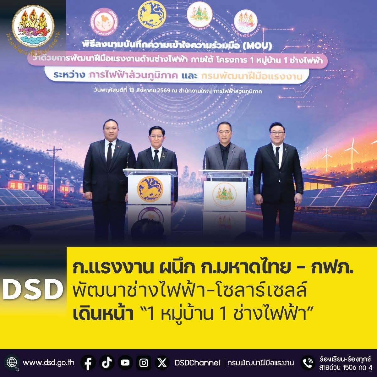 ก.แรงงาน ผนึก ก.มหาดไทย - กฟภ. พัฒนาช่างไฟฟ้า-โซลาร์เซลล์ เดินหน้า "1 หมู่บ้าน 1 ช่างไฟฟ้า