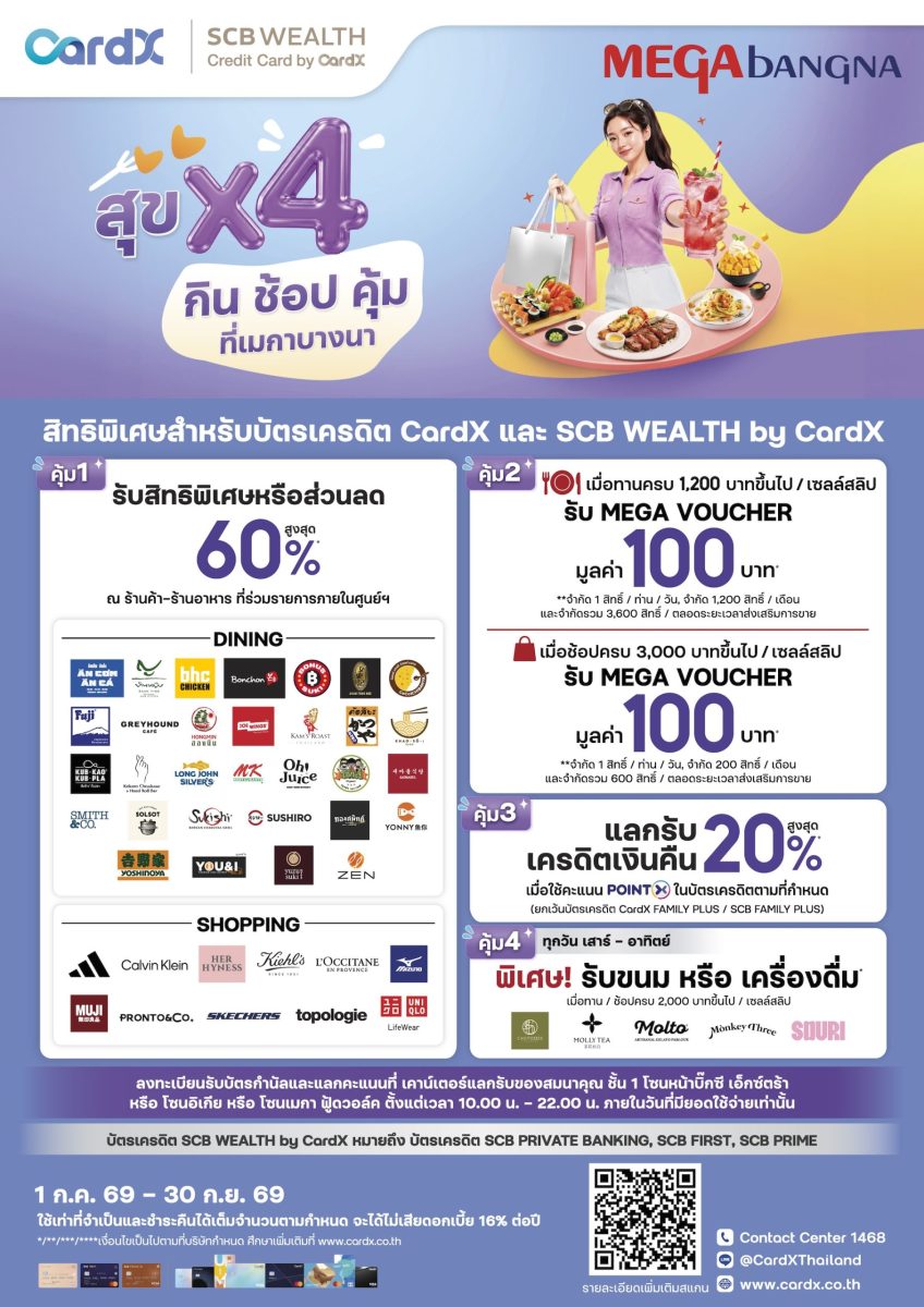 สัมผัสประสบการณ์ความคุ้มเหนือระดับ กับแคมเปญ "สุข X4 กิน ช้อป คุ้ม ที่เมกาบางนา" วันที่ 1 ก.ค. 69 - 30 ก.ย. 69