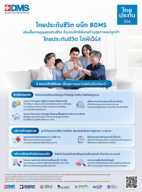 ไทยประกันชีวิต ผนึก BDMS เติมเต็มการดูแลทุกช่วงชีวิต ส่งมอบสิทธิพิเศษด้านสุขภาพแก่ลูกค้า "ไทยประกันชีวิต ไลฟ์เวิร์ส"