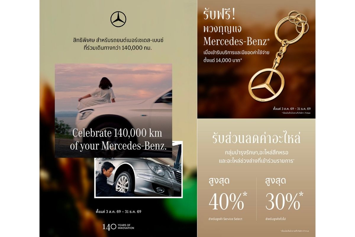 เมอร์เซเดส-เบนซ์ ต่อยอดแคมเปญฉลอง 140 ปี ชวนลูกค้าที่เลขไมล์เกิน 140,000 กิโลเมตร รับส่วนลดสูงสุด 40% สำหรับอะไหล่แท้ Genuine Parts กว่า 14 กลุ่มรายการ