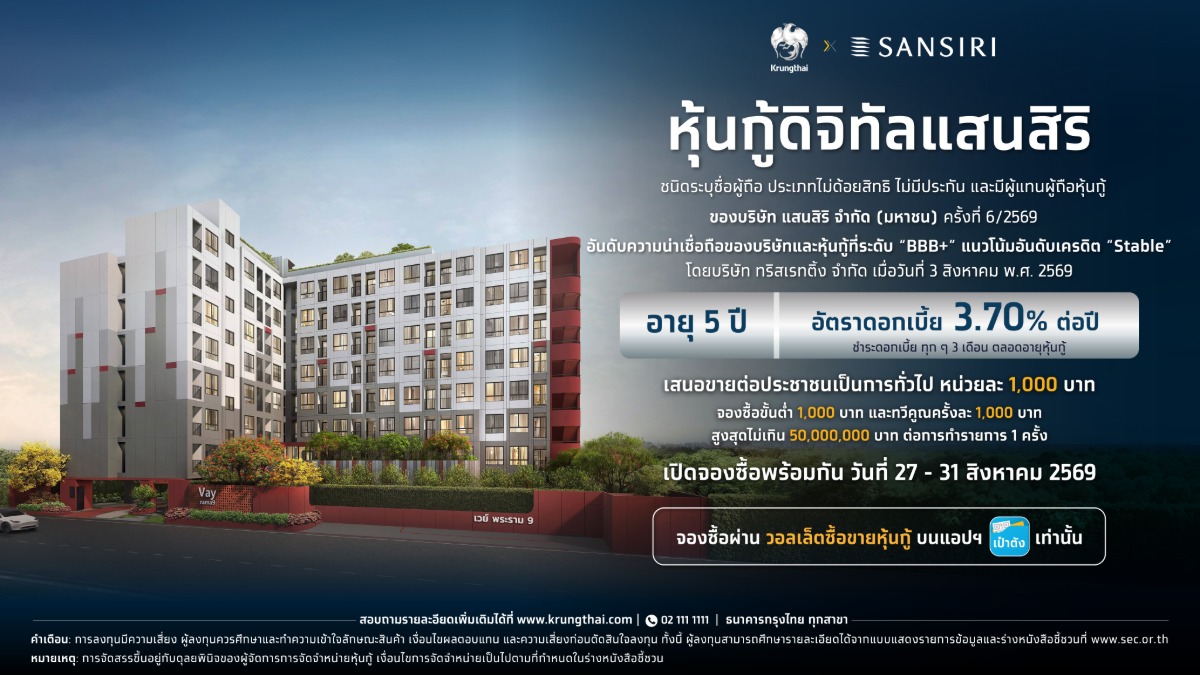 เตรียมพร้อม! จองซื้อ "หุ้นกู้ดิจิทัลแสนสิริ" อายุ 5 ปี ดอกเบี้ย 3.70% ต่อปี บนแอปฯ เป๋าตัง ดีเดย์ 27 ส.ค.นี้