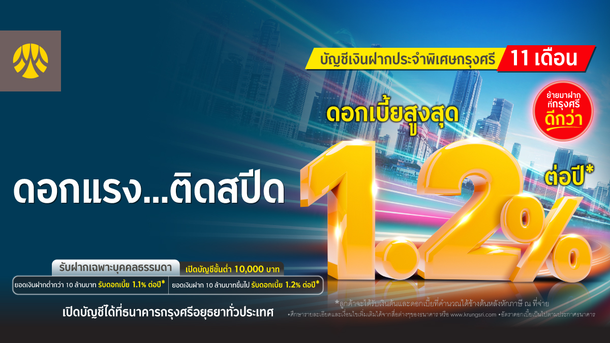 ดอกแรง…ติดสปีด เปิดบัญชีเงินฝากประจำพิเศษ 11 เดือน กับกรุงศรีรับดอกเบี้ยสูงสุด 1.20% ต่อปี