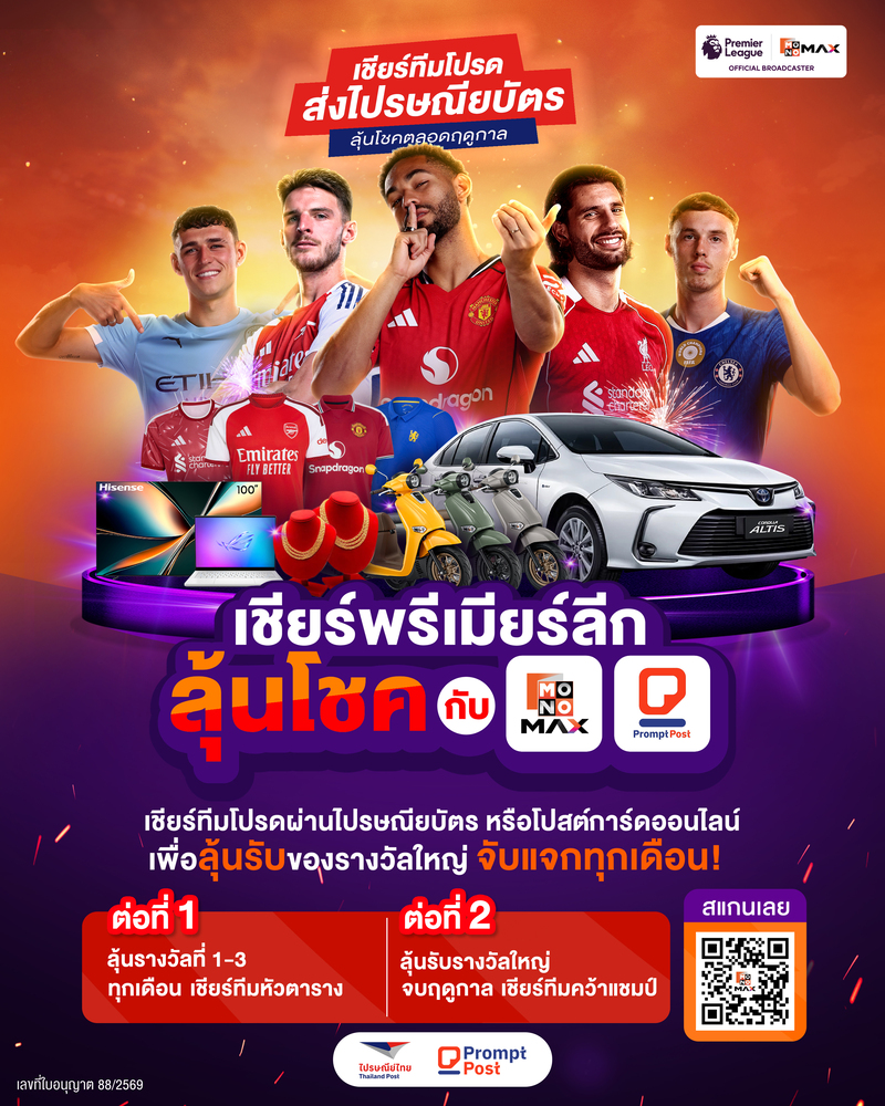 ไปรษณีย์ไทย จับมือ JAS และ MONOMAX ชวนแฟนลูกหนังทั่วไทย "เชียร์พรีเมียร์ลีกลุ้นโชค"ผ่านไปรษณียบัตร-โปสต์การ์ดออนไลน์ ลุ้นรับรางวัลใหญ่รวมมูลค่ากว่า 6.5 ล้านบาท