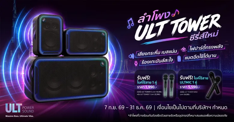 โซนี่ไทย เปิดตัวลำโพงปาร์ตี้พลังเบส 3 รุ่นใหม่ ชู ULT TOWER 5 สำหรับสายคาราโอเกะ พร้อมฟีเจอร์ Karaoke Scoring และดีไซน์เคลื่อนย้ายสะดวก ตอบโจทย์ทั้งในบ้านและนอกสถานที่