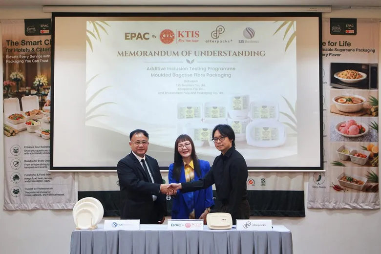 กลุ่ม KTIS ผนึก Alterpacks สิงคโปร์ และ SJS ลงนาม MOU นำเทคโนโลยีนวัตกรรมผลิตบรรจุภัณฑ์ชานอ้อย 100% วัสดุปลอด PFAS ยกระดับความร่วมมือของภูมิภาค ดันแบรนด์ "อ้อยพลัส" ของไทยรุกสู่ตลาดโลก