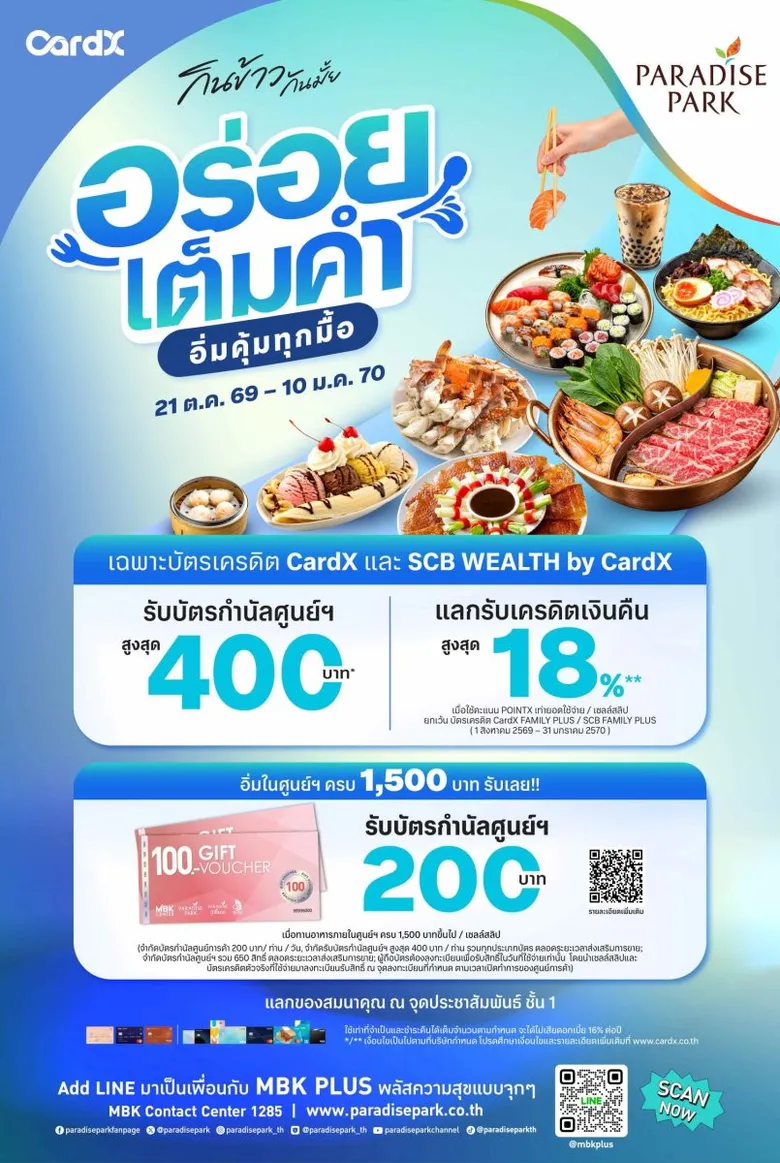 พาราไดซ์ พาร์ค และ เดอะไนน์ เซ็นเตอร์ พระราม 9 จับมือ CardX และ SCB WEALTH by CardX ชวนอิ่มคุ้มกับโปร "กินข้าวกันมั้ย อร่อยเต็มคำ อิ่มคุ้มทุกมื้อ"