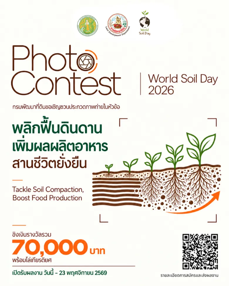 กรมพัฒนาที่ดิน เปิดเวทีประกวดภาพถ่ายวันดินโลก 2569 ชิงรางวัลกว่า 70,000 บาท ภายใต้แนวคิด "พลิกฟื้นดินดาน เพิ่มผลผลิตอาหาร สานชีวิตยั่งยืน"