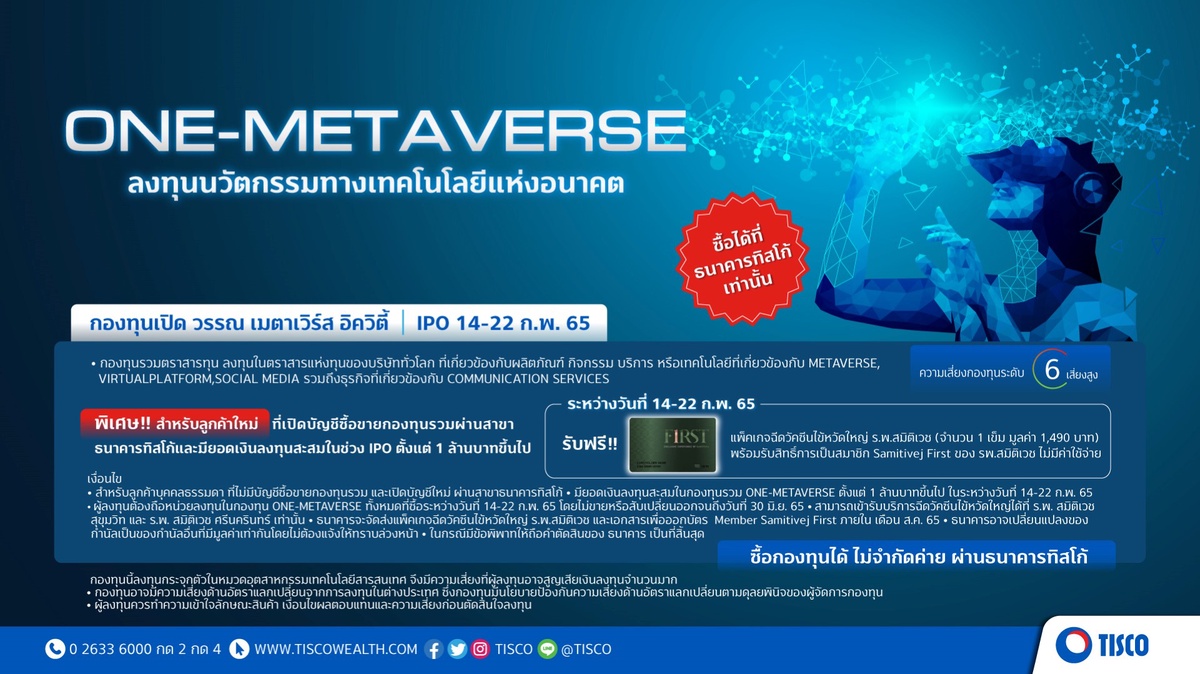 ธ.ทิสโก้เชียร์ซื้อกอง ONE-METAVERSE สู้เงินเฟ้อด้วยธุรกิจเมตาเวิร์ส คาดตลาดโตเด่น 3.4 เท่าตัวใน 4 ปี