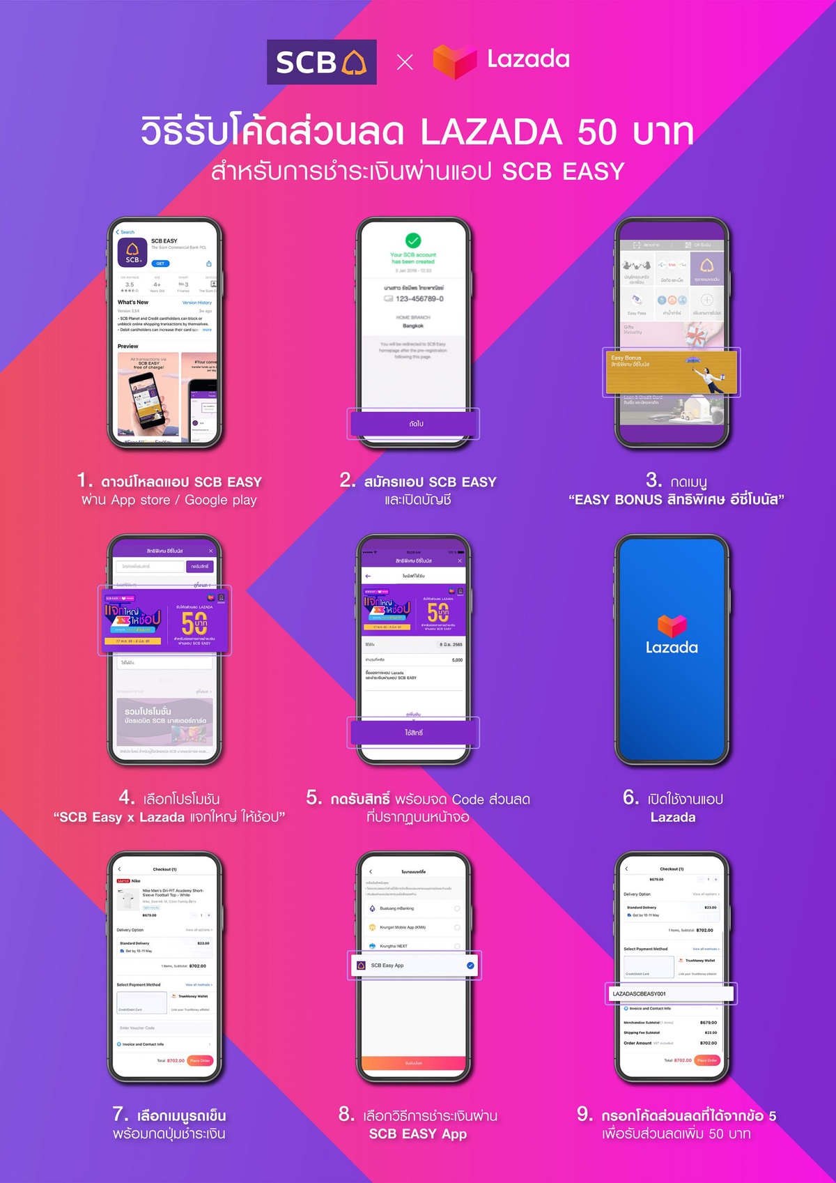 SCB EASY จับมือ ลาซาด้า เอาใจขาช้อปออนไลน์ กับแคมเปญสุดคุ้ม Lazada 7.7 ดีลเด็ดวันเลขเบิ้ล แจกส่วนลด 50 บาท เมื่อชำระค่าสินค้าผ่าน SCB EASY