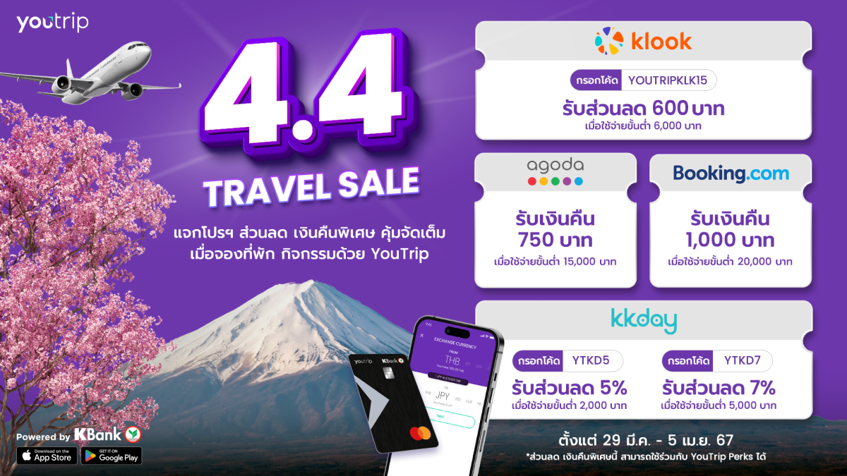 YouTrip สาดความคุ้มต้อนรับสงกรานต์กับ 2 โปรพิเศษ 4.4 Travel Sale และ Japan Mega Cashback รับส่วนลดสุดคุ้มจากแบรนด์ท่องเที่ยวดัง และเงินคืนสูงสุด 2,000 บาท