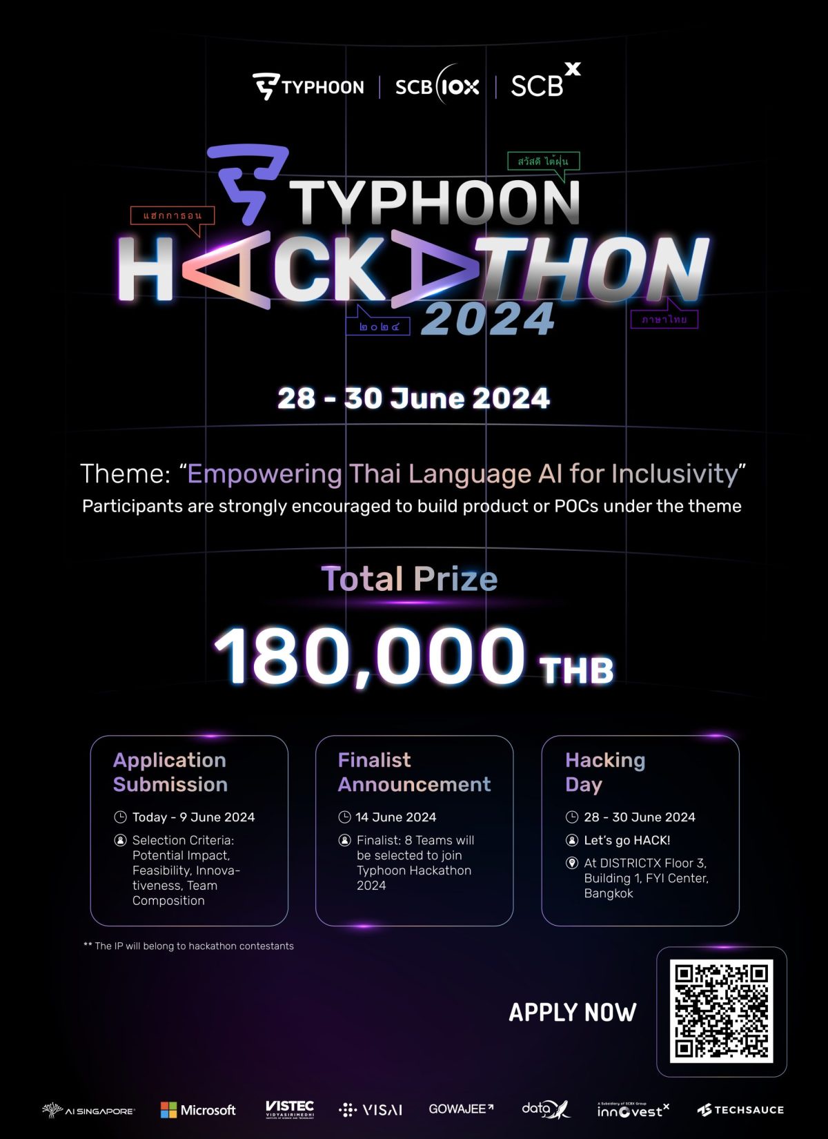 กลุ่ม SCBX เปิดเวที Typhoon Hackathon 2024 เฟ้นหาสุดยอดทีมนักพัฒนาแอปพลิเคชันต่อยอดจากโมเดลภาษาไทยขนาดใหญ่ ไต้ฝุ่น พร้อมร่วมผลักดันศักยภาพด้าน AI ของประเทศไทย