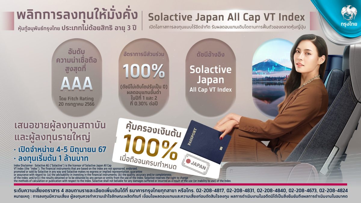 กรุงไทย เปิดโอกาสสร้างผลตอบแทนโตตามมุมมองเชิงบวกของเศรษฐกิจญี่ปุ่น ผ่านหุ้นกู้อนุพันธ์กรุงไทย Solactive Japan All Cap VT Index คุ้มครองเงินต้น 100%