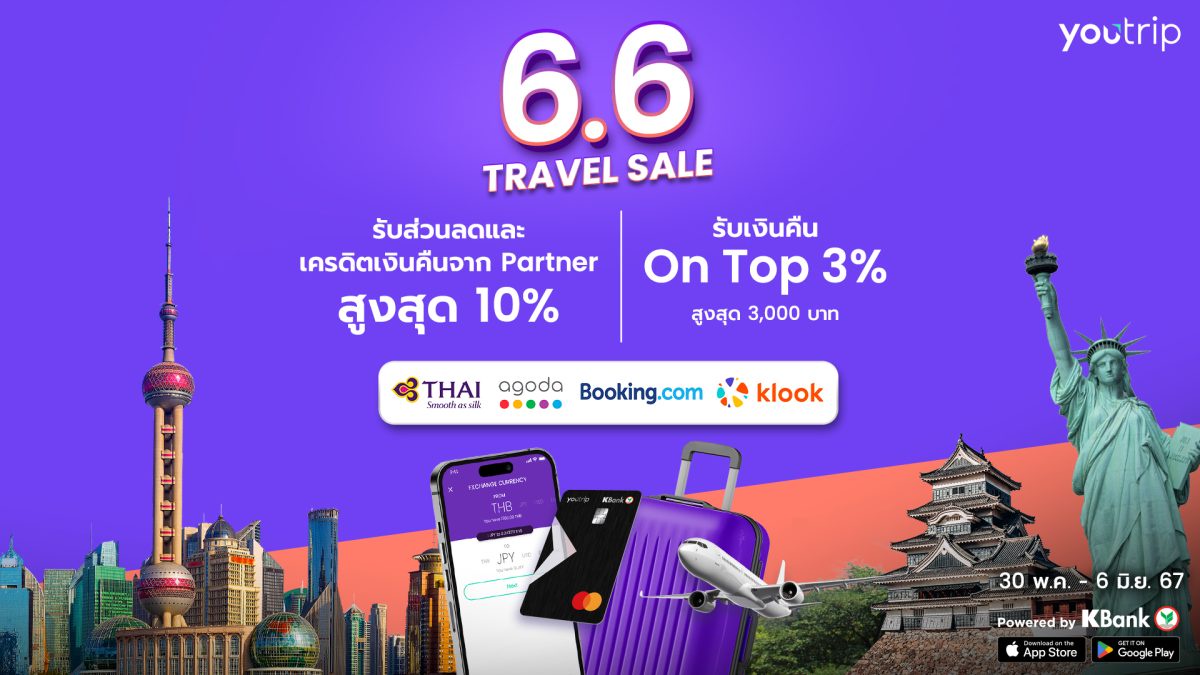 YouTrip จัดโปร 6.6 Travel Sale คุ้มยกทริป! จับมือ การบินไทย และธุรกิจท่องเที่ยวชั้นนำ มอบเงินคืนสูงสุด 3,000 บาท /