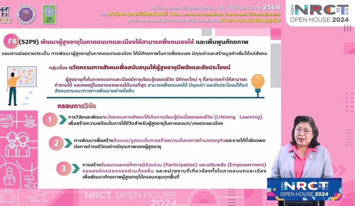 เปิดบ้านวันที่สี่ NRCT Open House 2024 วช. ชี้แจงกรอบการวิจัยและนวัตกรรม ปีงบประมาณ 2568 ด้านการรองรับสังคมสูงวัย