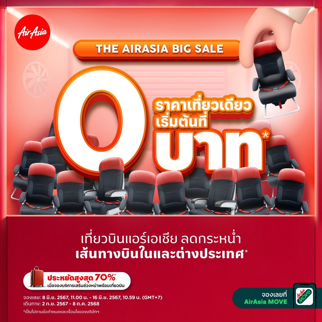 แอร์เอเชีย BIG SALE กลับมาแล้ว! ลดกระหน่ำ ราคาบัตรโดยสารเที่ยวเดียว เริ่มต้นที่ 0 บาท*