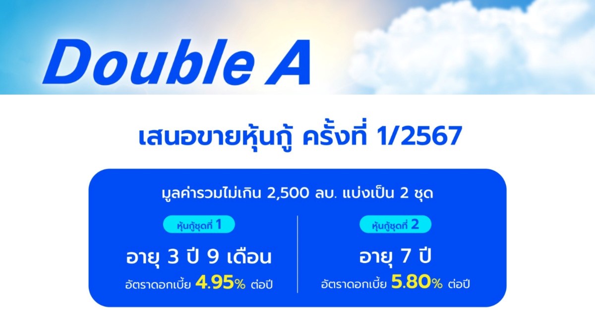 ดั๊บเบิ้ล เอ เตรียมออกหุ้นกู้ 1/2567 ดอกเบี้ยสูงสุด 5.80% เปิดจองซื้อ 1-4 ก.ค.นี้