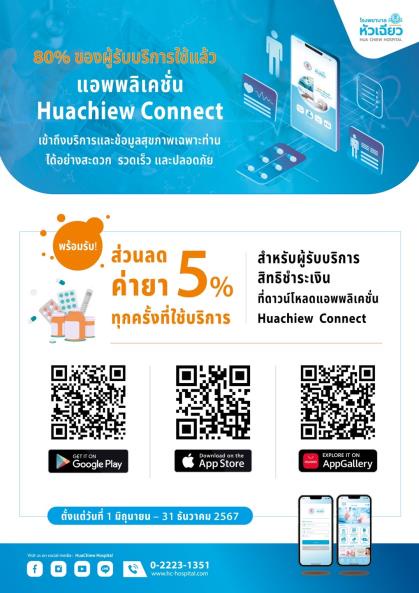 สะดวก รวดเร็ว ด้วยแอพพลิเคชั่น Huachiew Connect พร้อมรับสิทธิพิเศษ รับส่วนลดค่ายา 5 % ทุกครั้งที่รับบริการ