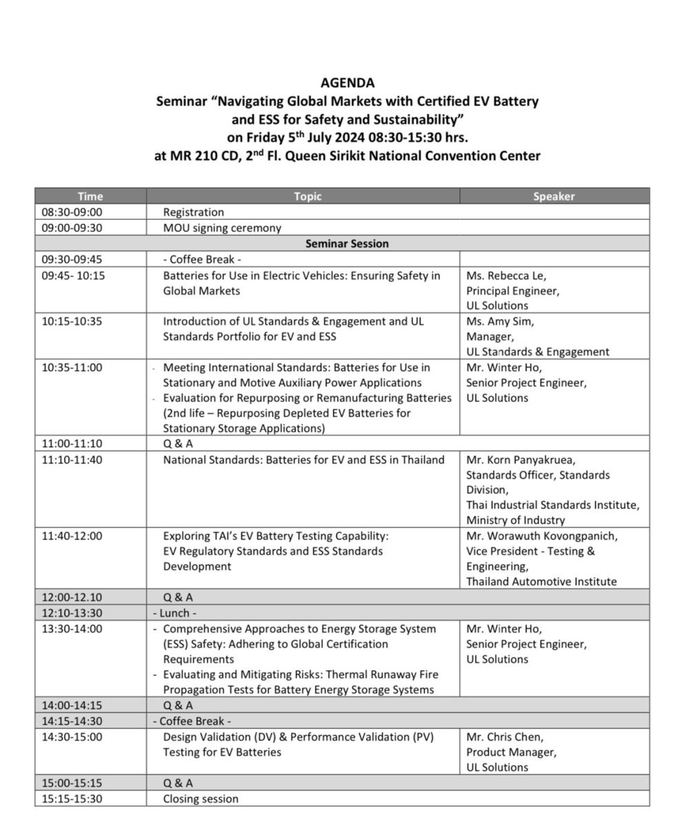 งานสัมมนา Navigating Global Markets with Certified EV Battery and ESS for Safety and Sustainability วันที่ 5 กรกฎาคม 2567 ณ ศูนย์ประชุมแห่งชาติสิริกิติ์ (ไม่มีค่าใช้จ่าย)