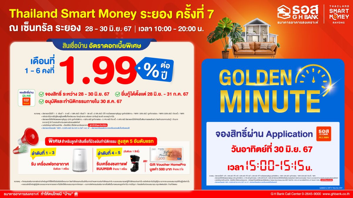 ธอส. นำโปรโมชันสินเชื่อบ้านอัตราดอกเบี้ยต่ำ 6 เดือนแรกเพียง 1.99% ต่อปี ร่วมงาน Thailand Smart Money ระยอง ครั้งที่ 7 ระหว่างวันที่ 28 - 30 มิ.ย.