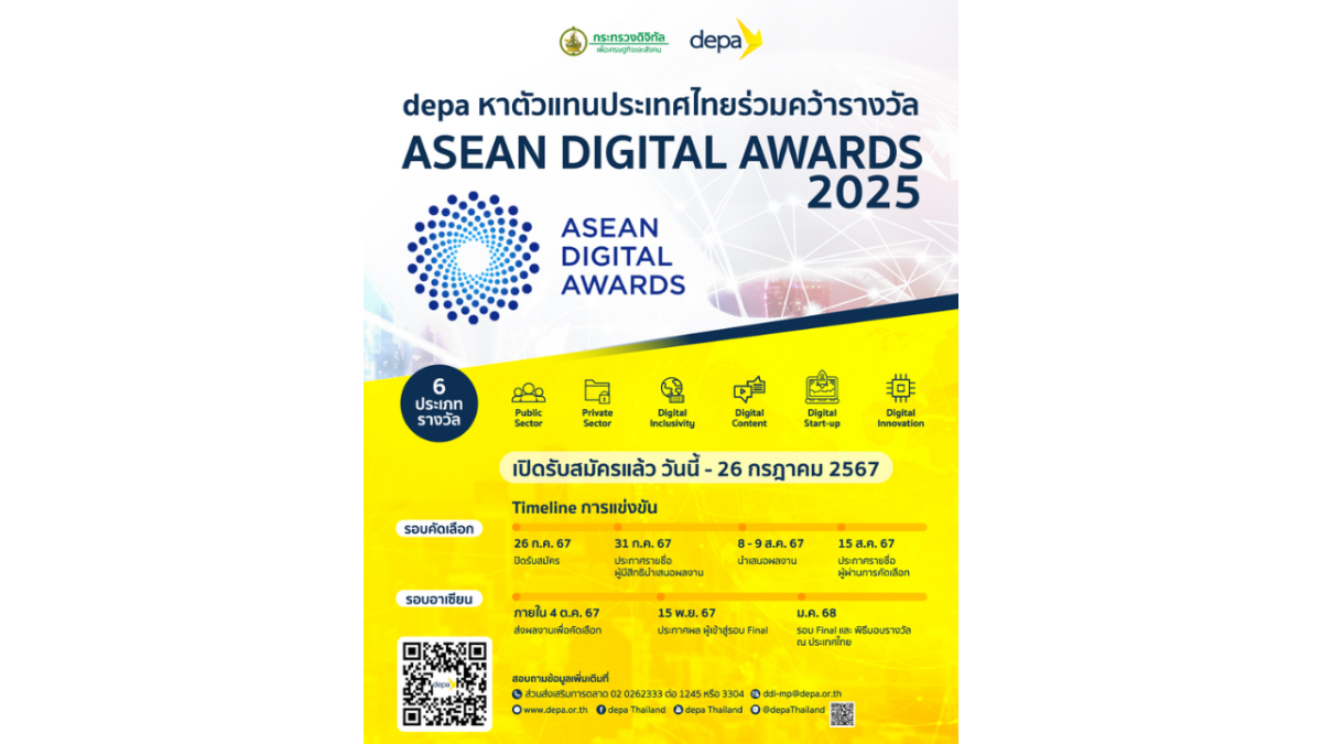ดีป้า ชวนผู้ประกอบการดิจิทัลไทยส่งผลงานคัดเลือกเป็นตัวแทนประเทศ ร่วมประกวดในโครงการ ASEAN DIGITAL AWARDS 2025