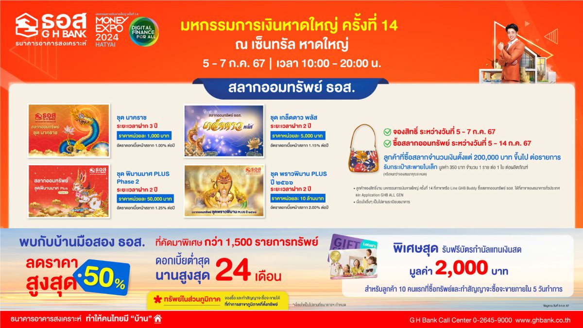 ธอส. สนับสนุนชาวภาคใต้มีบ้าน จัดโปรพิเศษร่วมงานมหกรรมการเงินหาดใหญ่ ครั้งที่ 14 นำโดย สินเชื่อบ้านอัตราดอกเบี้ยต่ำ 6 เดือนแรกเพียง 1.99% ต่อปี