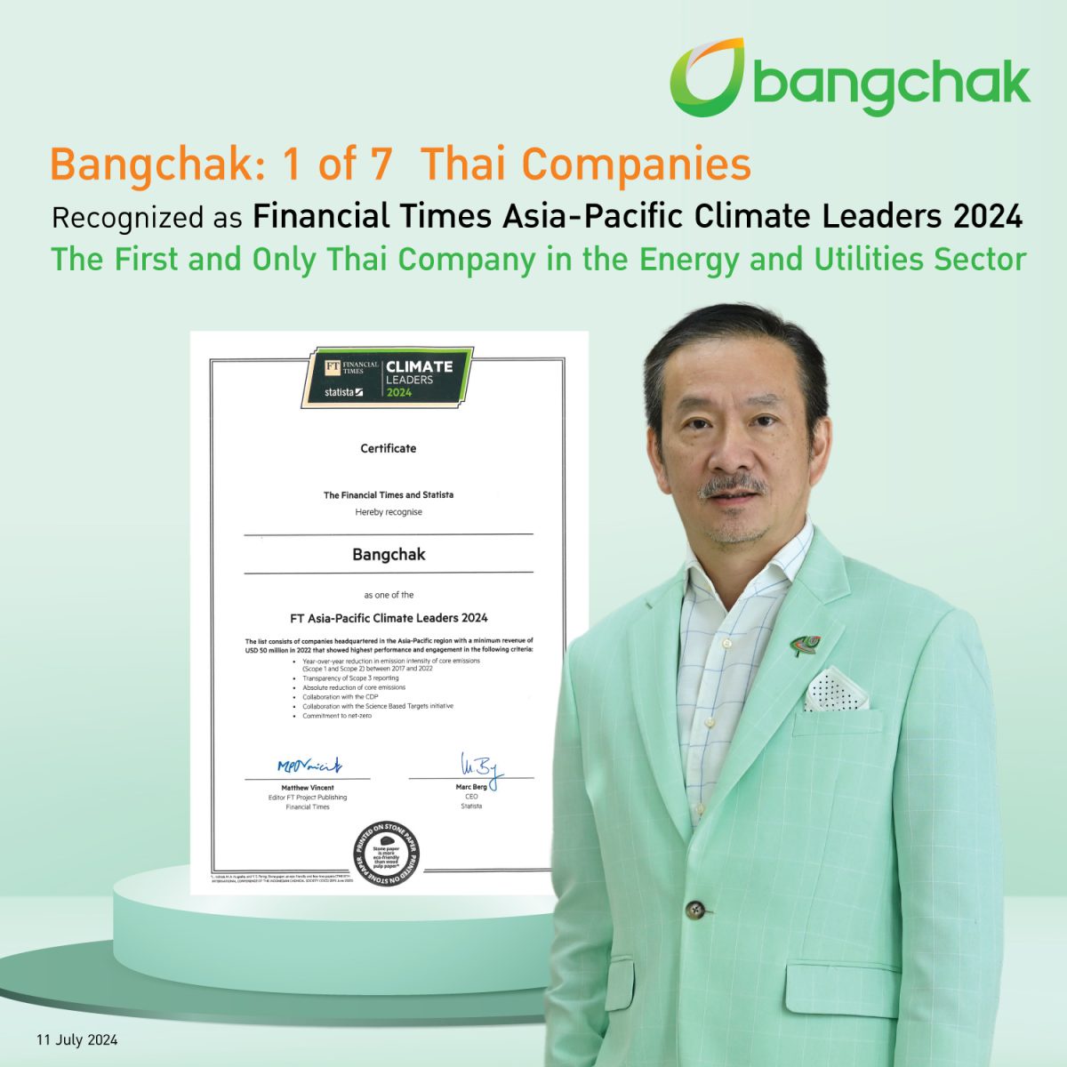 Bangchak Recognized as Financial Times' Asia-Pacific Climate Leaders 2024 The First and Only Thai Company in the Energy and Utilities
