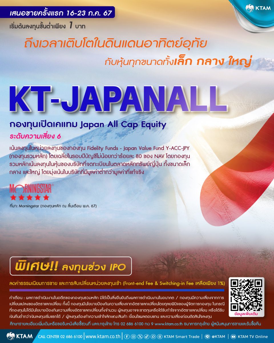 KTAM คว้าโอกาสการลงทุนจากหุ้นญี่ปุ่นทุกขนาด เปิดขาย KT-JAPANALL 16-23 ก.ค. นี้