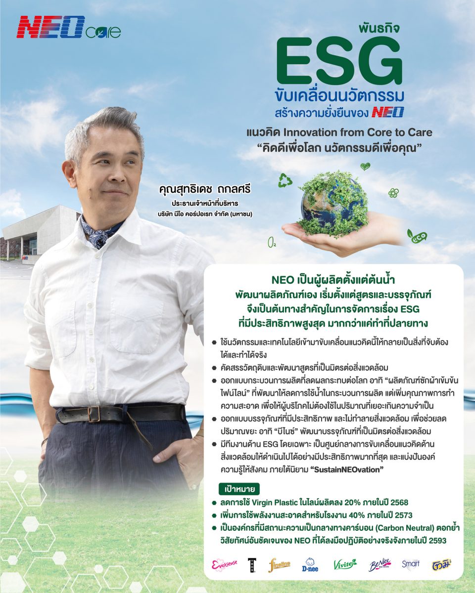 NEO พร้อมเดินหน้าต่อกับพันธกิจ ESG ขับเคลื่อนนวัตกรรมสร้างความยั่งยืน ส่งต่อความแคร์ (NEO CARE) แนวคิด Innovation from Core to Care คืนสู่สิ่งแวดล้อม สังคม และชุมชน ชวนทุกคนร่วมส่งต่อความยั่งยืนไปด้วยกัน