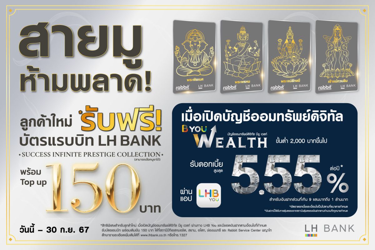 LH Bank ออกโปรโมชันพิเศษที่สายมูห้ามพลาด! เพียงเปิดบัญชีออมทรัพย์ดิจิทัล บียู เวลท์ รับฟรี บัตรแรบบิท 4 มหาเทพ พร้อมเงินในบัตร 150 บาท