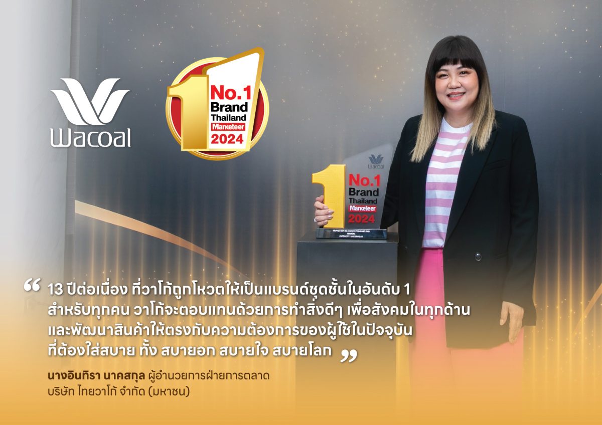 วาโก้ คว้ารางวัล Marketeer No.1 Brand Thailand 2024 ครองแชมป์ชุดชั้นในยอดนิยมอันดับ 1 ต่อเนื่อง 13 ปีซ้อน